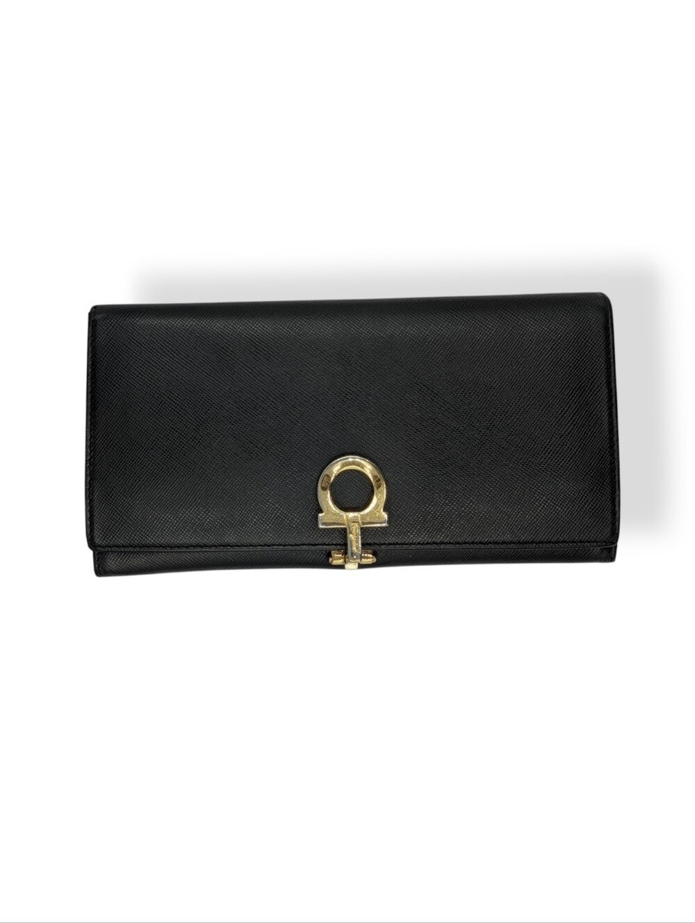 Salvatore Ferragamo Wallet Black Saffiano Leather Golden Gancini Long Bifold